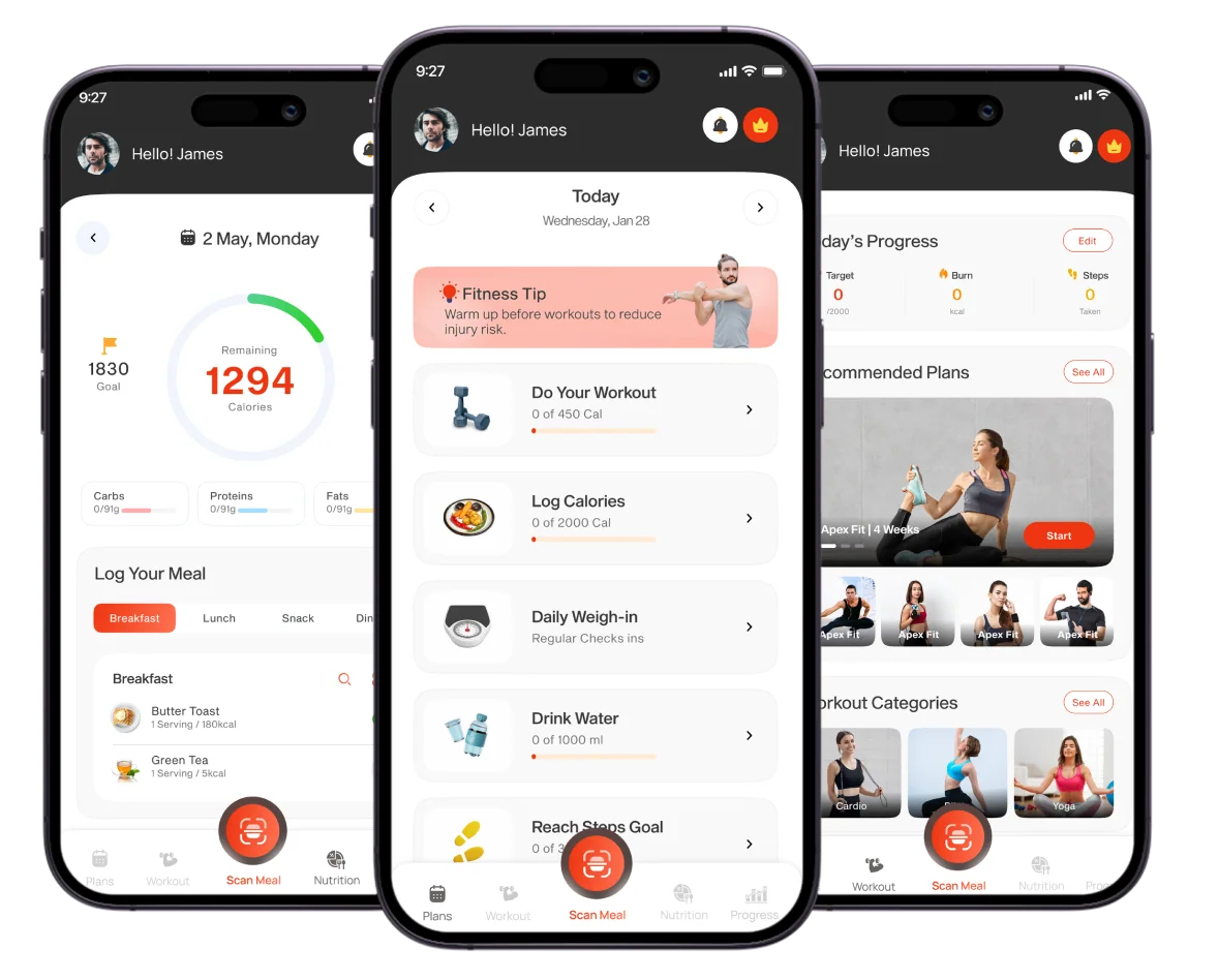 FitFlex app screens showing calorie tracking, daily tasks and workout plans
